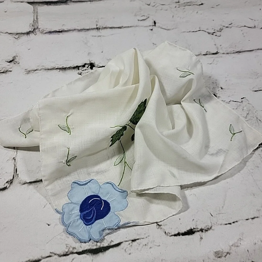 Handkerchief‎ Sheer Scarf Oversize Blue Flowers Vintage